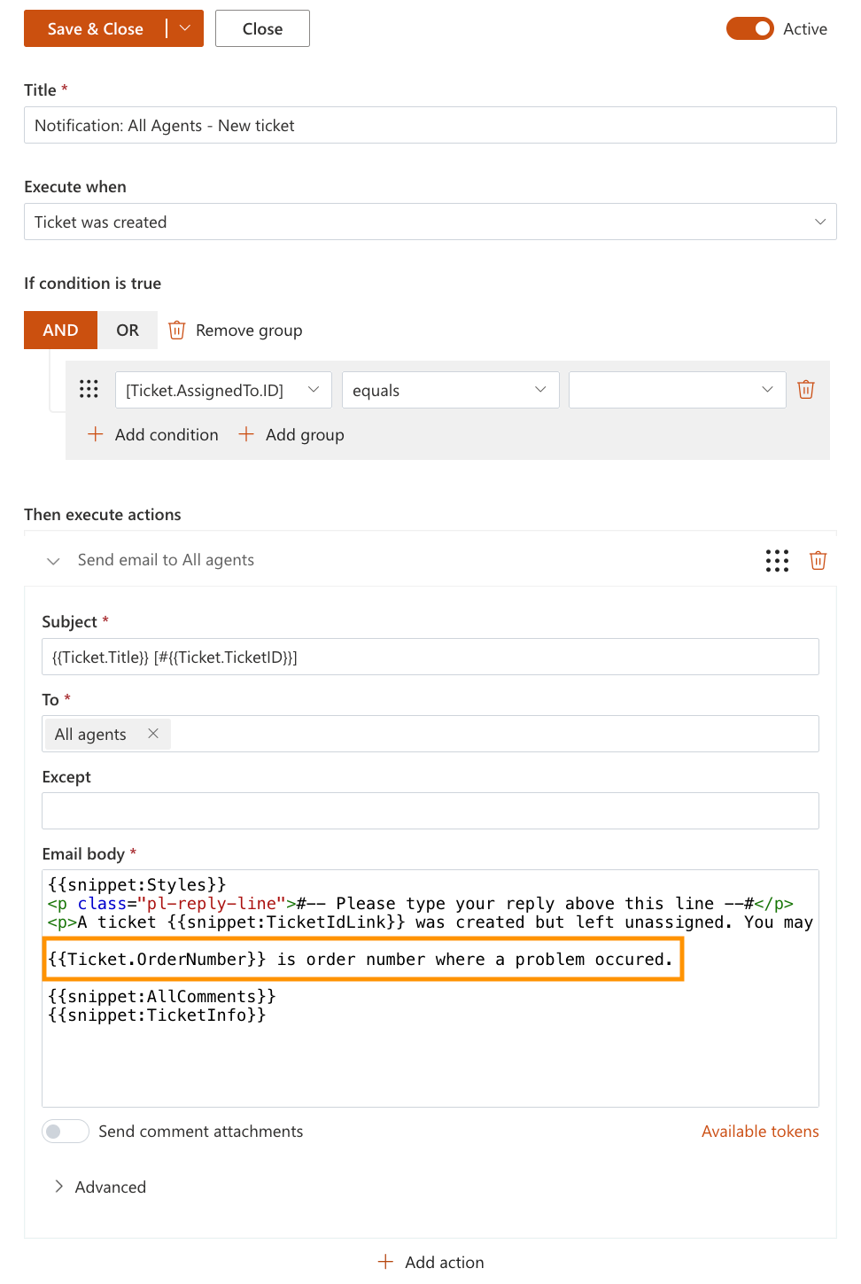 HelpDesk message template with the Order Number token and additional text