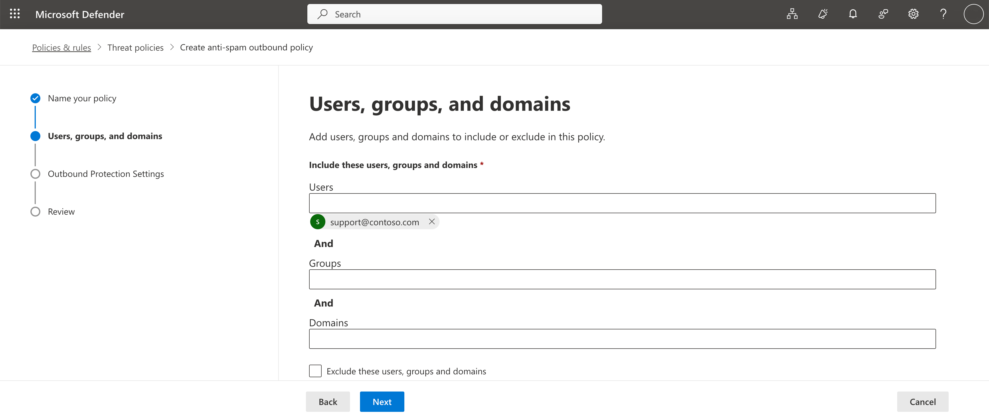 Support mailbox selected under Users, with Groups and Domains left empty