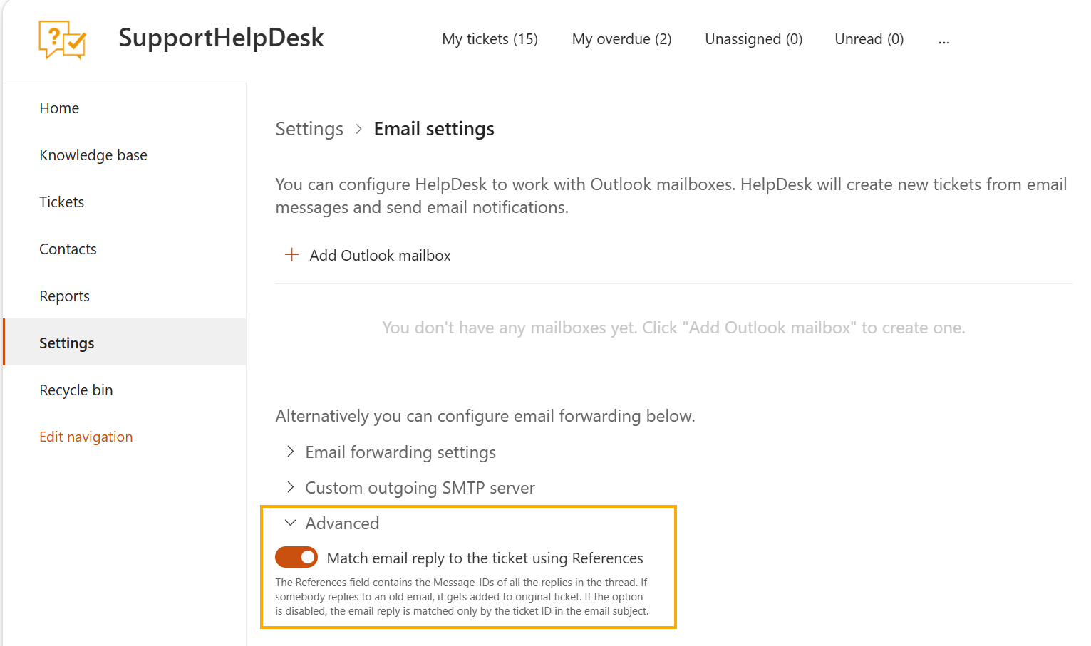 Advanced section of the Email settings page with the Match email reply using References toggle enabled