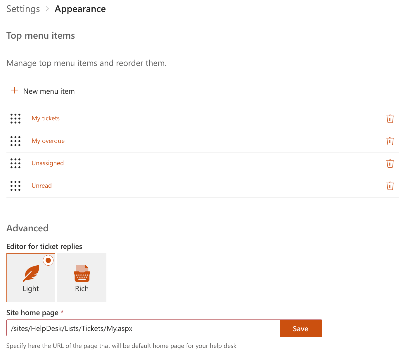Appearance settings page with navigation options and editor selection