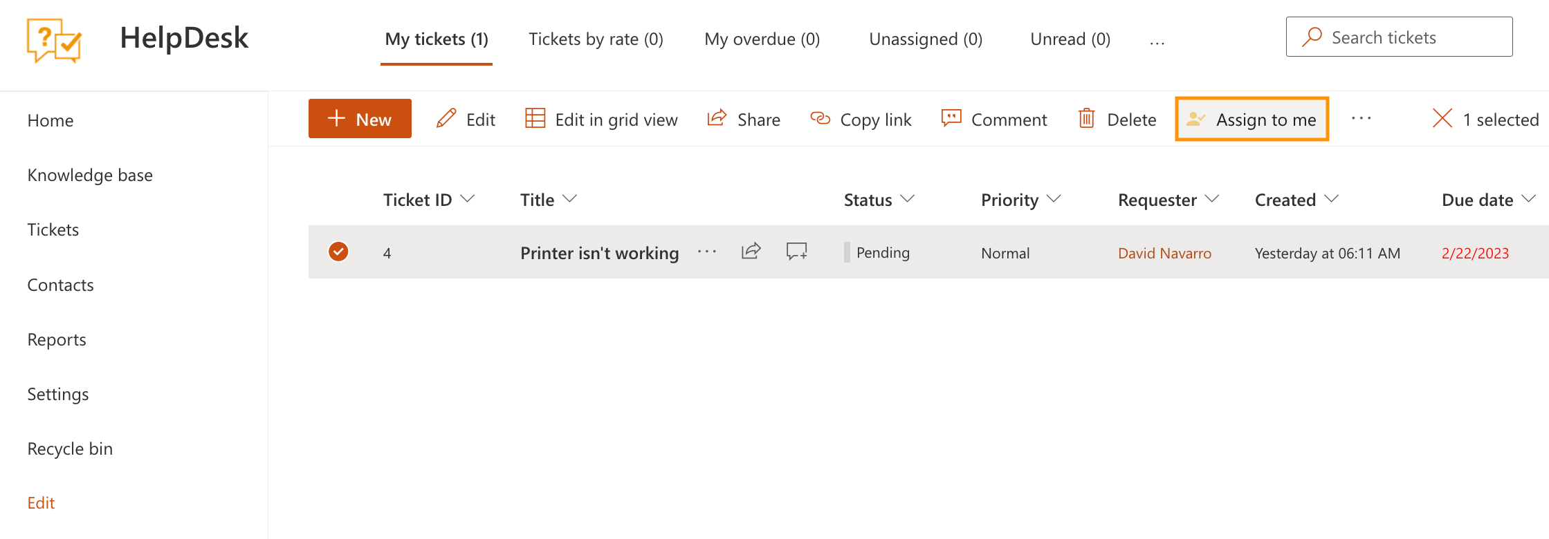 Assign to me button for assigning selected tickets to yourself