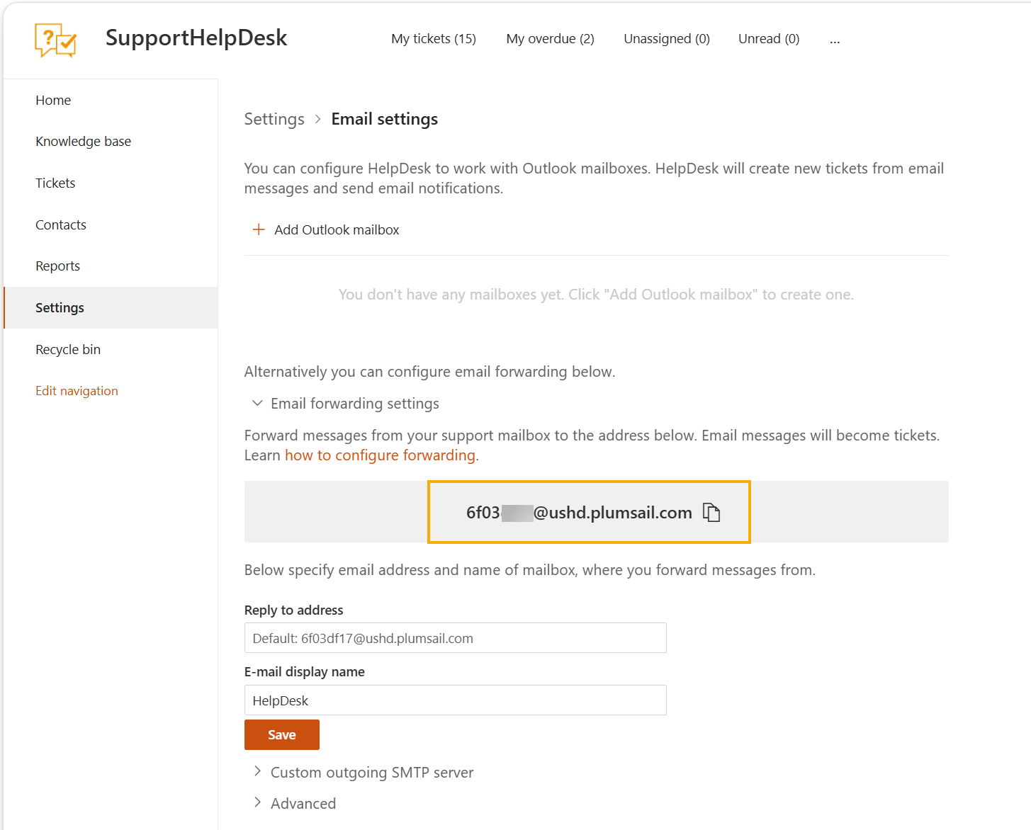 Email settings page with the autogenerated HelpDesk forwarding address highlighted
