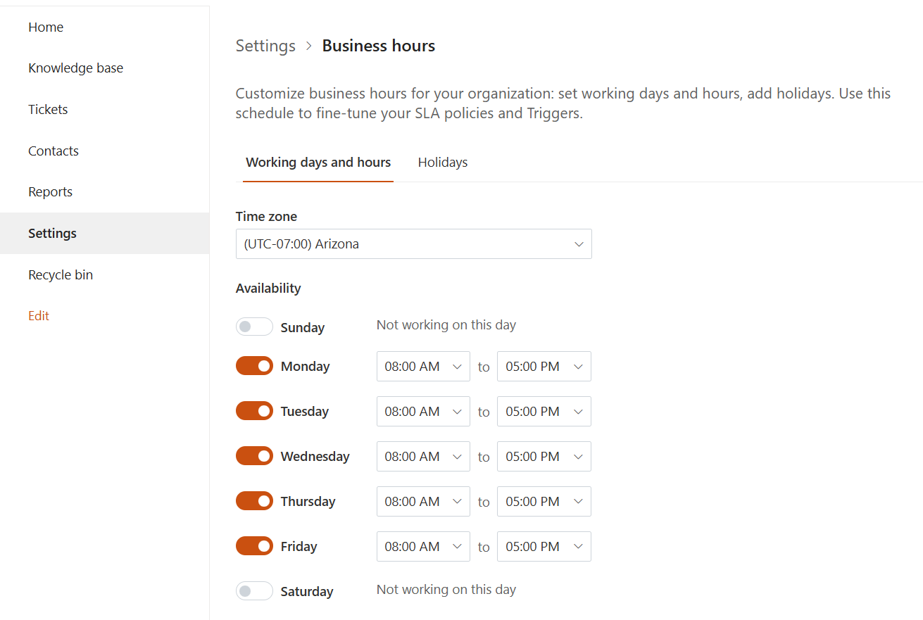 Edit business hours