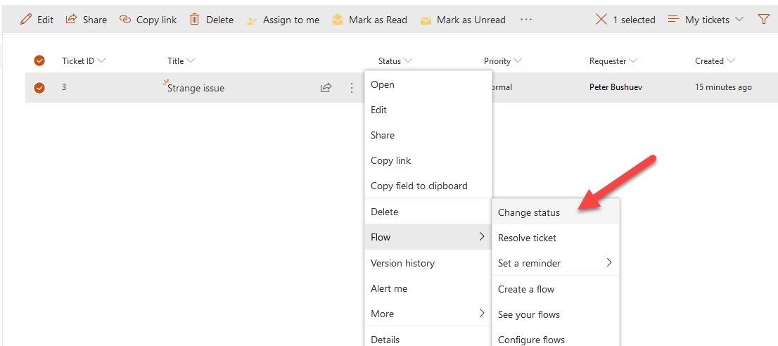 Change status context menu