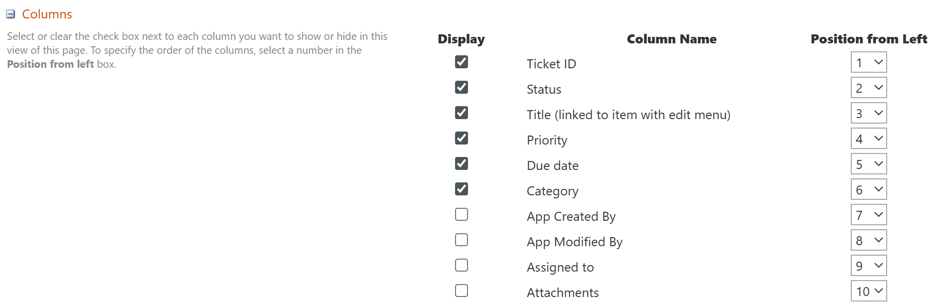 Columns settings