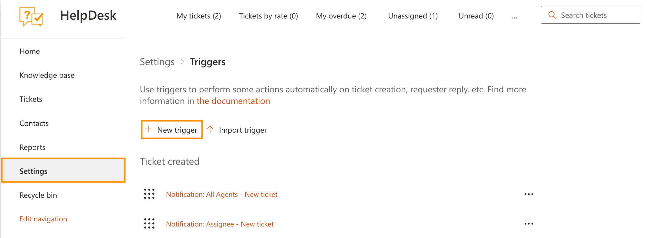 HelpDesk Triggers tab with the option to create a new trigger