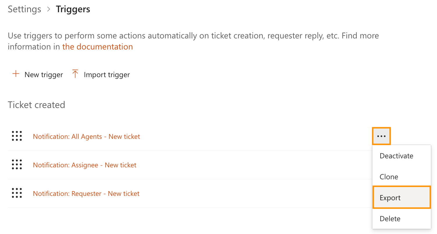 HelpDesk trigger menu with the Export option for exporting a trigger to JSON