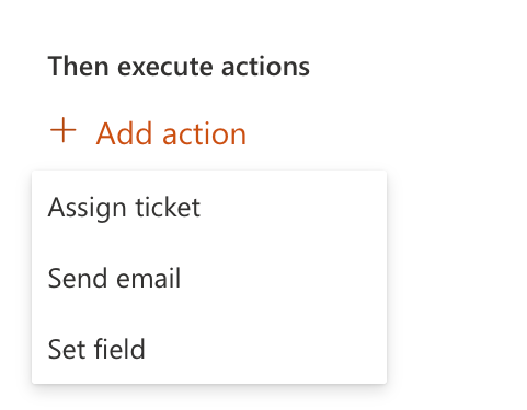 HelpDesk trigger Add action menu showing available actions