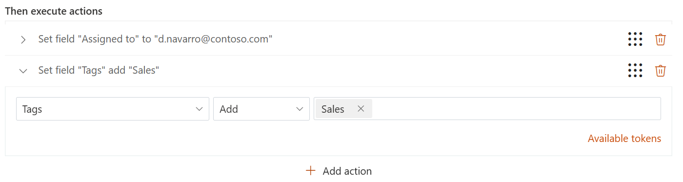 HelpDesk trigger Set field action configured to assign the Sales tag