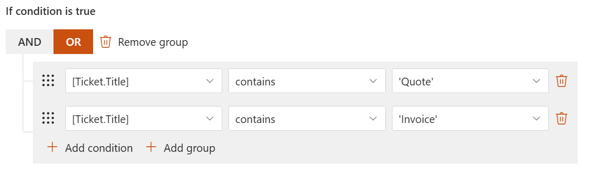 HelpDesk trigger condition checking whether the ticket title contains specified keywords