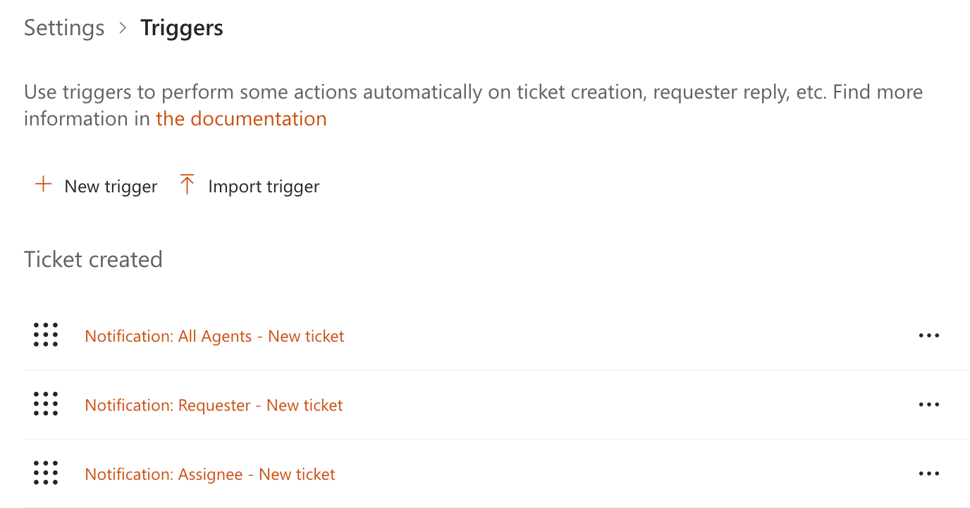 HelpDesk trigger list showing the execution order for new ticket notifications