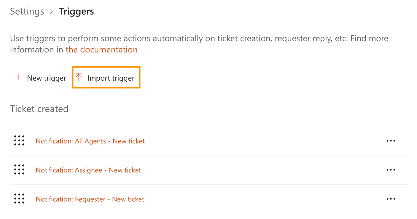 HelpDesk Triggers tab with the Import trigger option from JSON