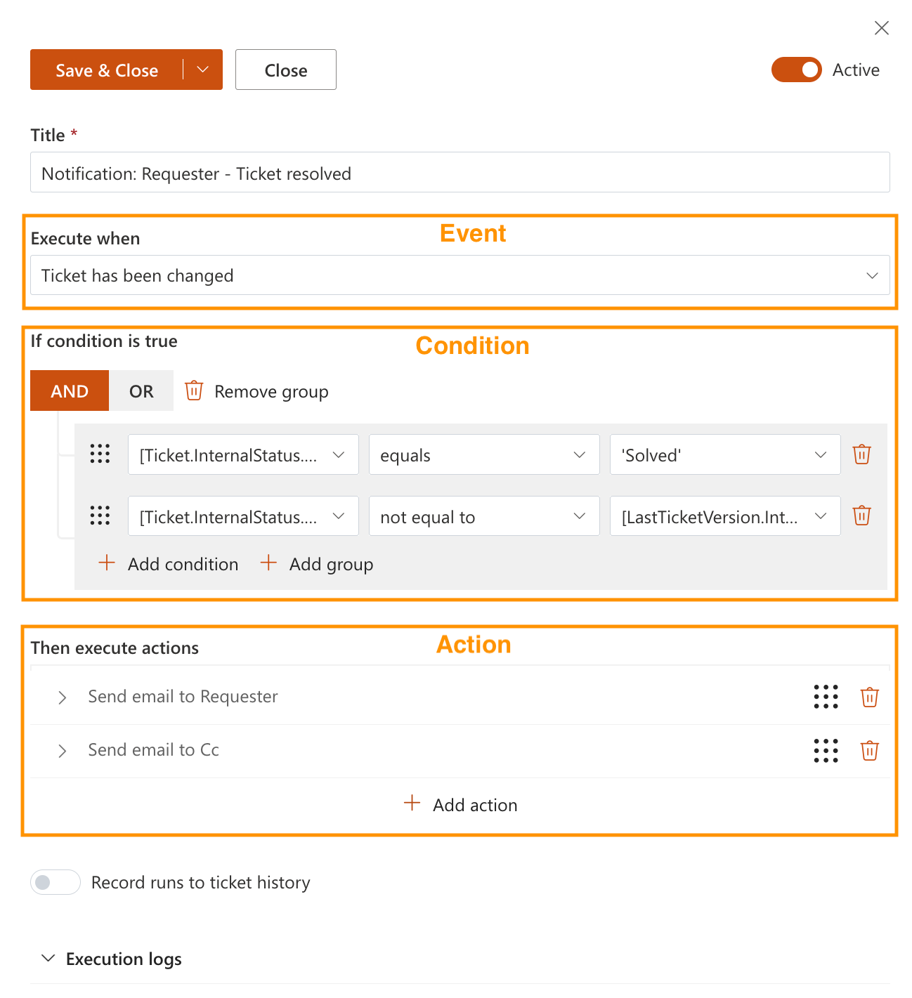 HelpDesk trigger configuration showing trigger conditions and actions