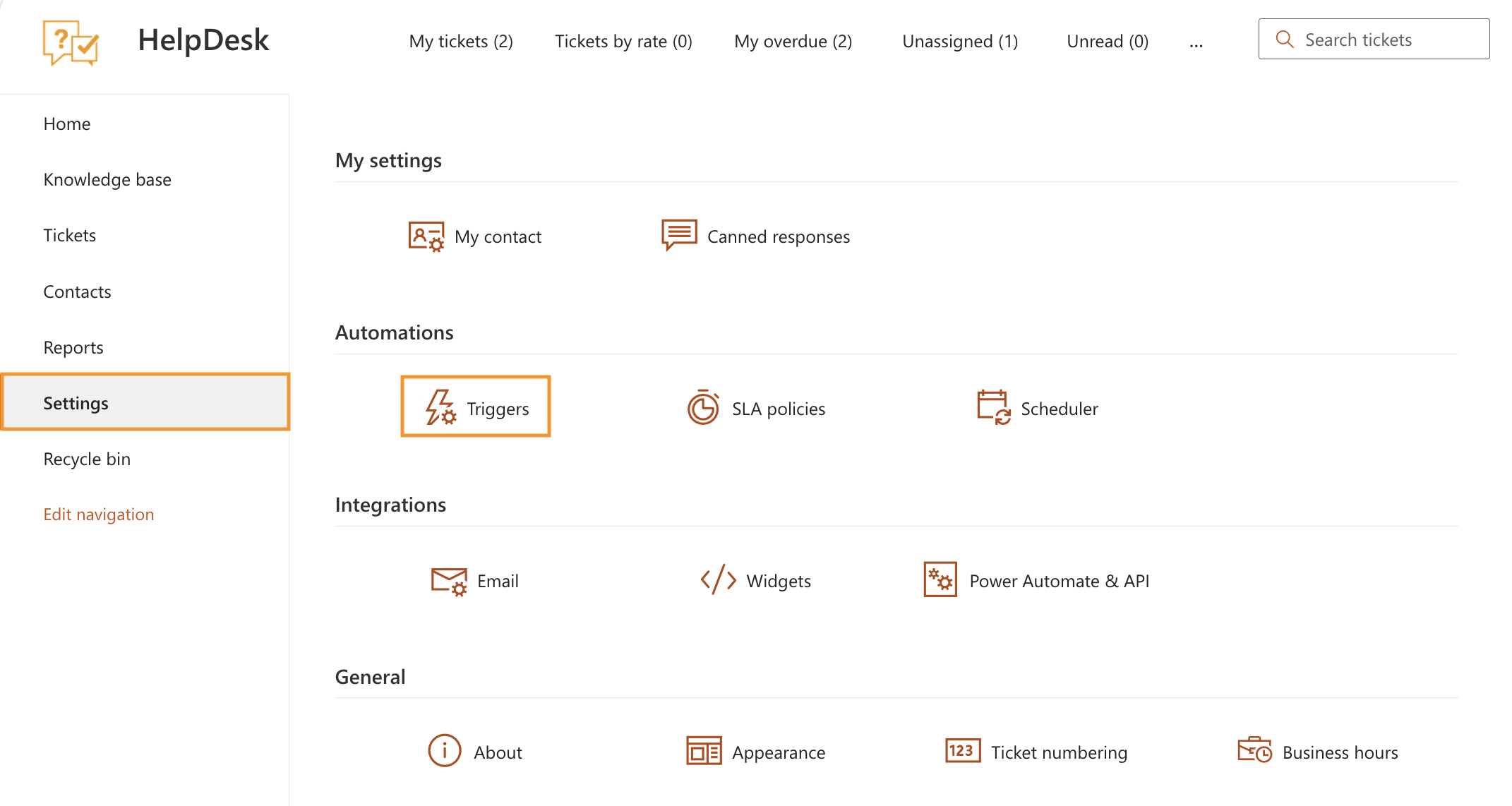 HelpDesk settings page with the Triggers tab selected
