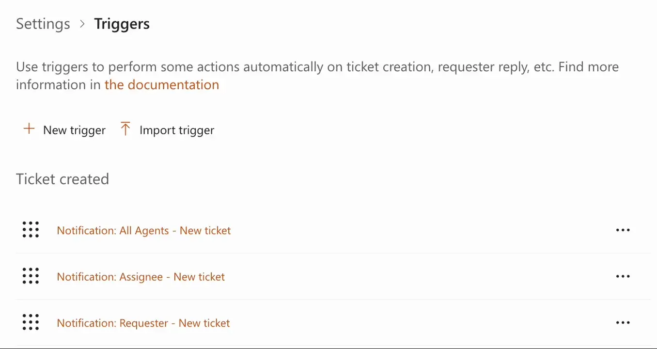 HelpDesk trigger list showing triggers being reordered by dragging