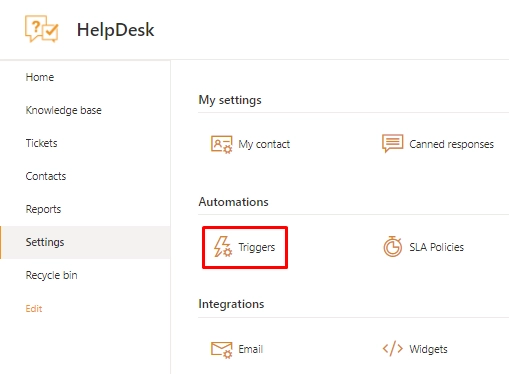 Trigger item in settings
