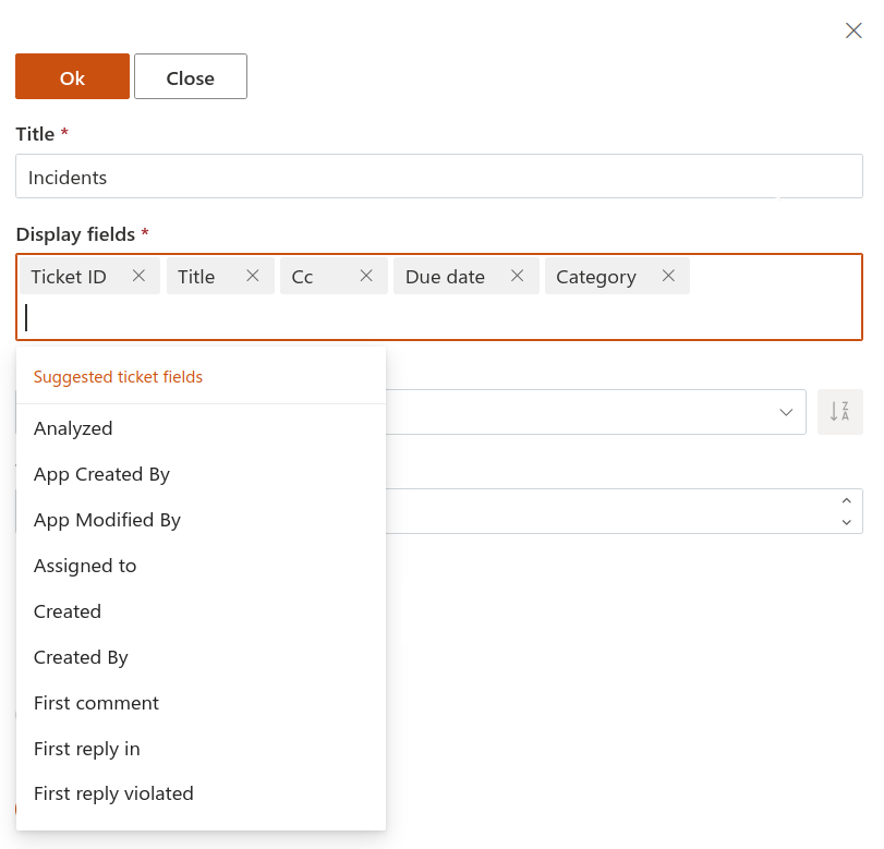 Basic fields in ticket feature settings for a HelpDesk widget