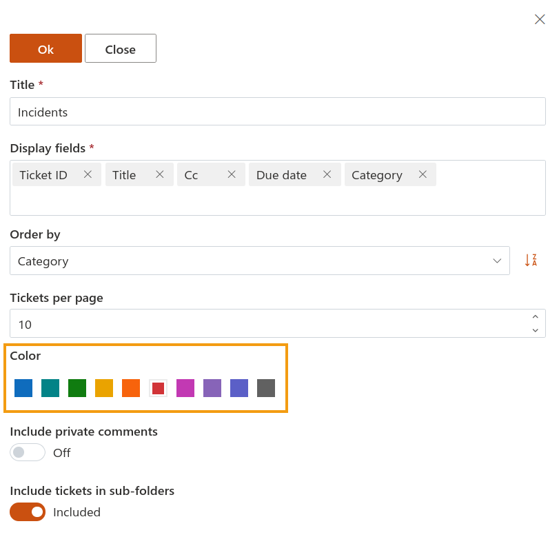 Color options in ticket feature settings for a HelpDesk widget