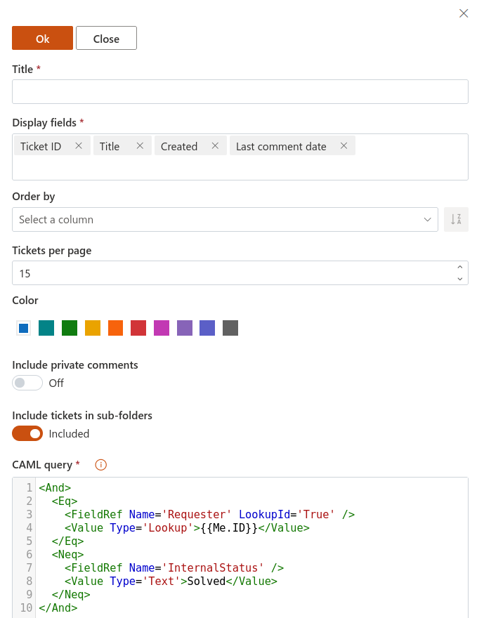 Widget configuration form in ticket feature settings for a HelpDesk widget