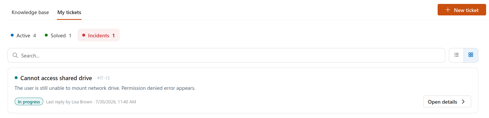 HelpDesk widget with a custom ticket view named Incidents