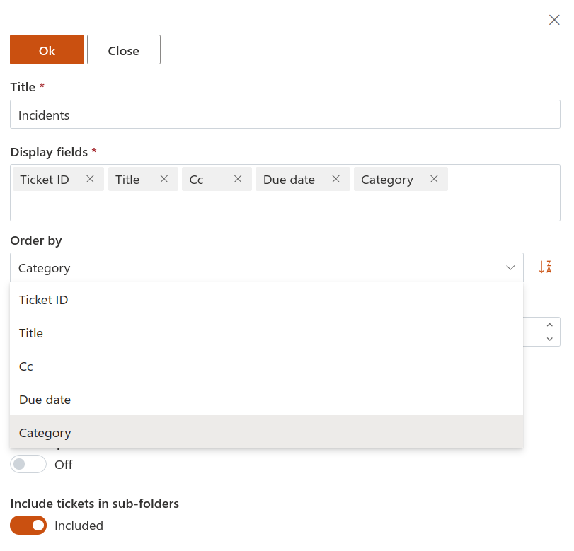 Order view in ticket feature settings for a HelpDesk widget