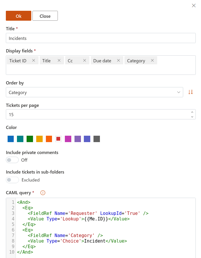 Query field in ticket feature settings for a HelpDesk widget