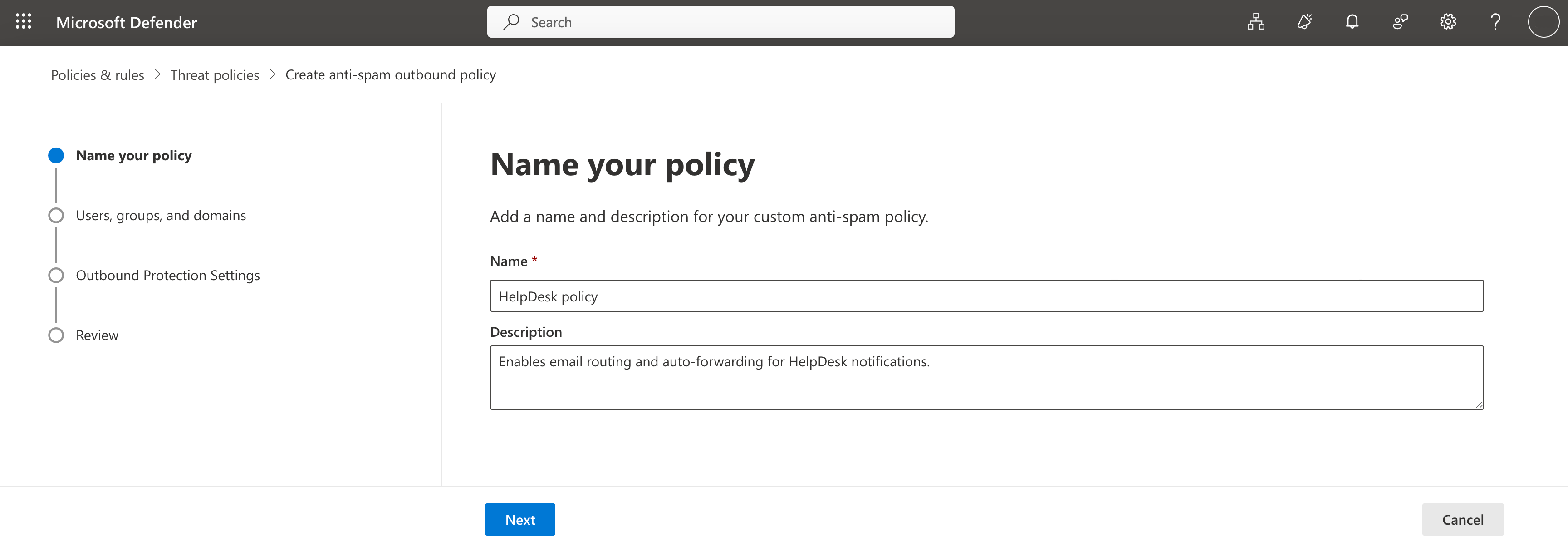 Outbound policy form with fields for the policy name and description