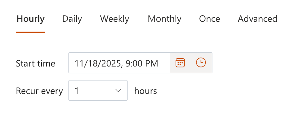Scheduler settings for configuring when a task runs