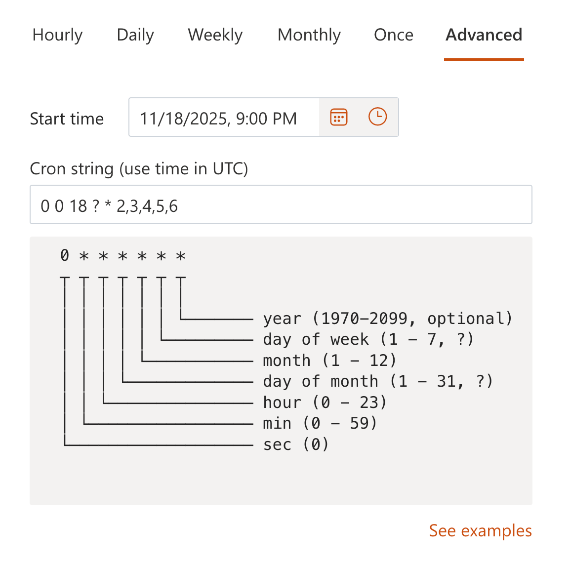 Scheduler settings with the Advanced schedule type and CRON expression