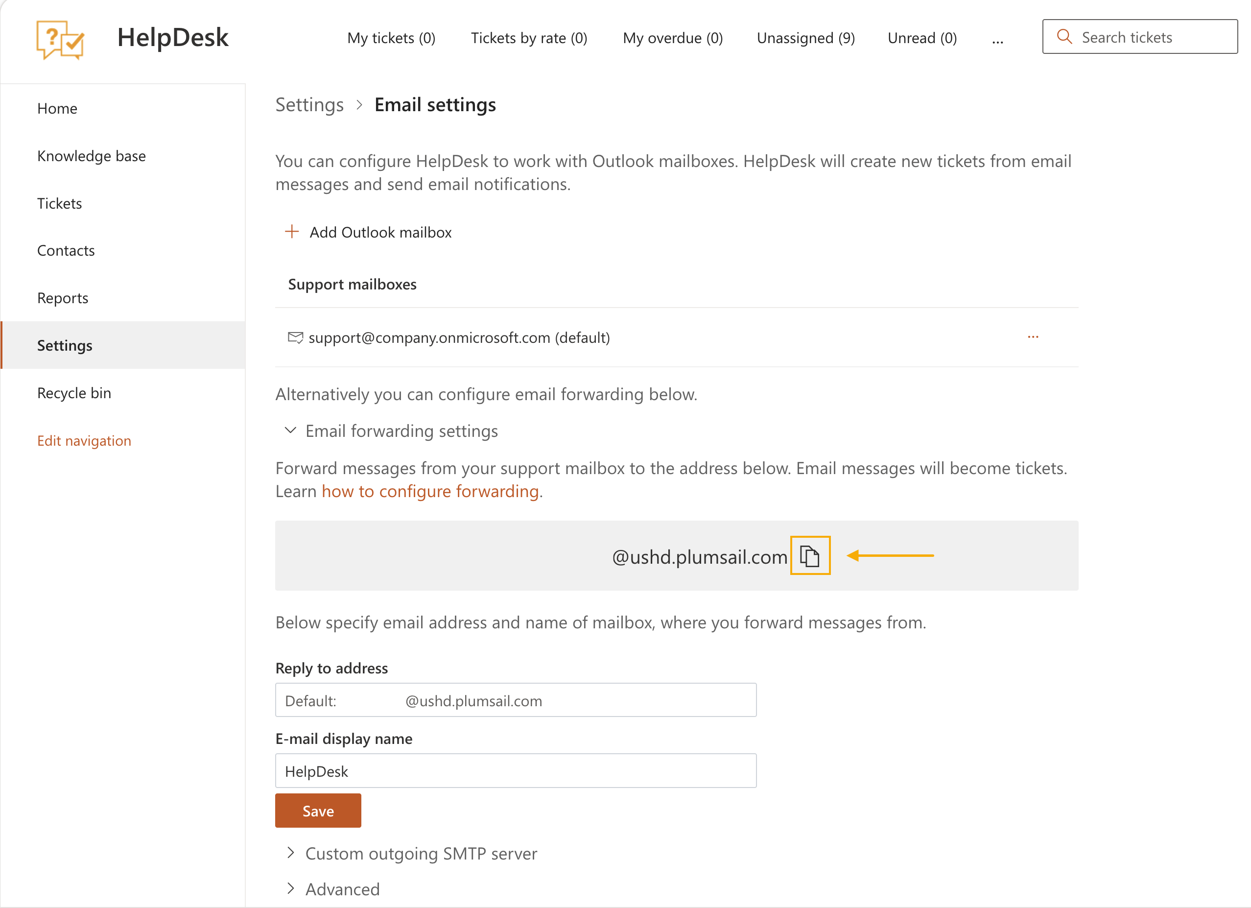 HelpDesk auto-generated email address displayed in the HelpDesk settings