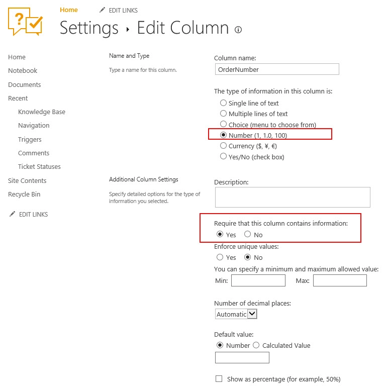 Column settings