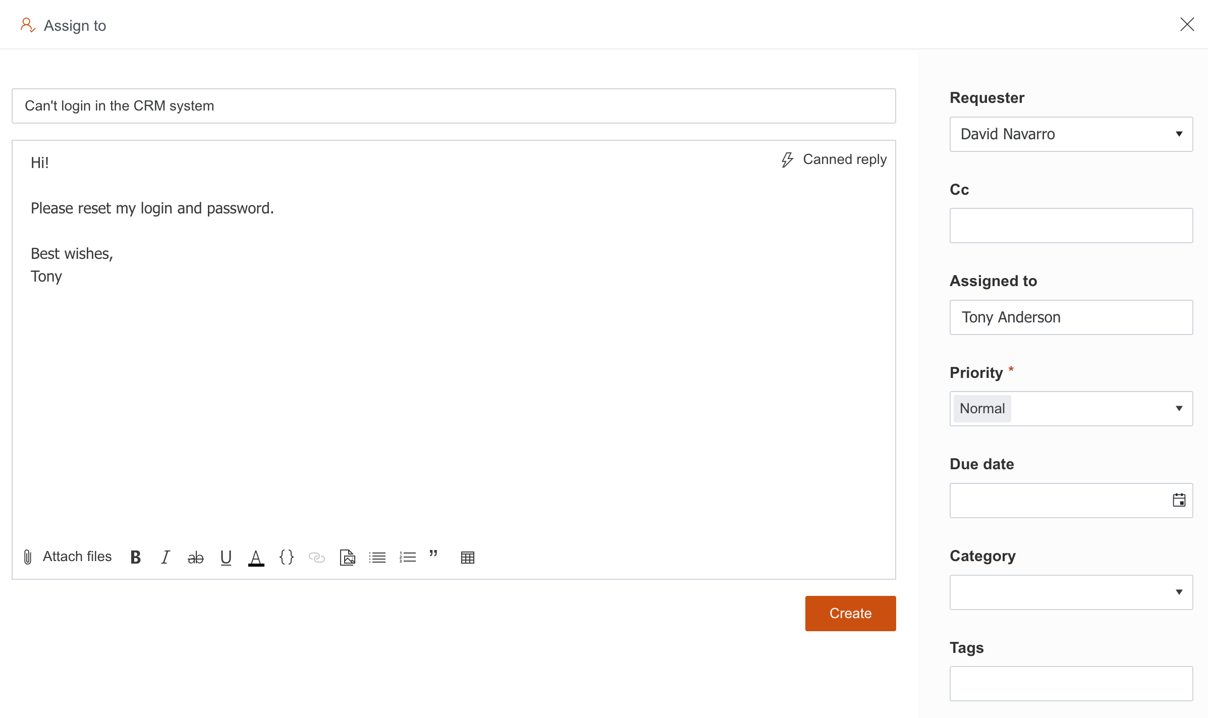 New ticket form with required Title, Requester, and Priority fields