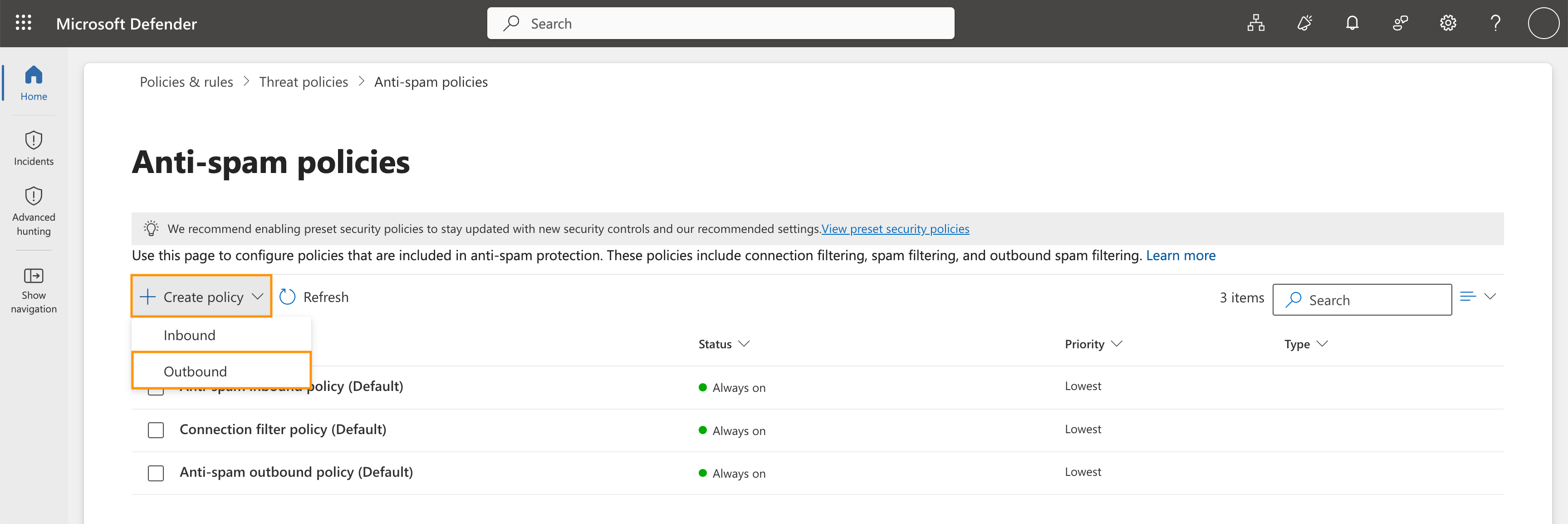 Create policy menu with the Outbound option highlighted