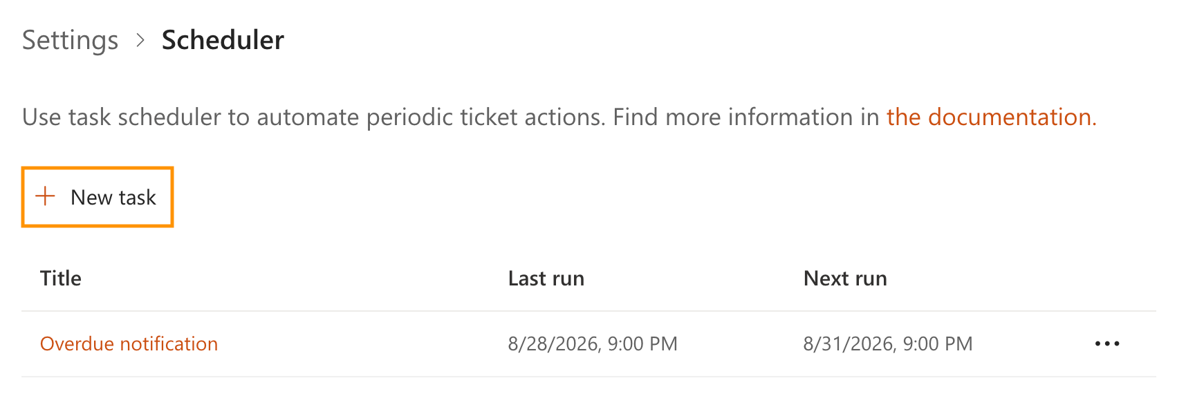 Scheduler page with the New task option