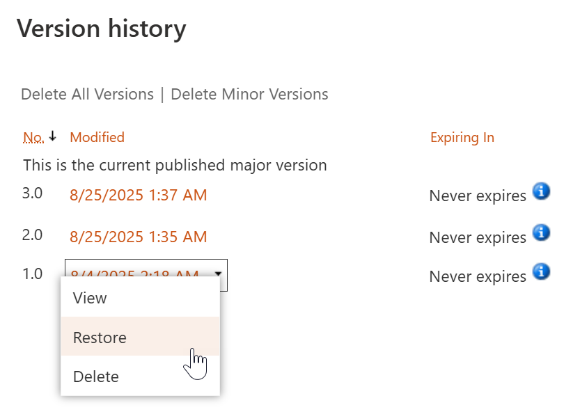 Forms restore version