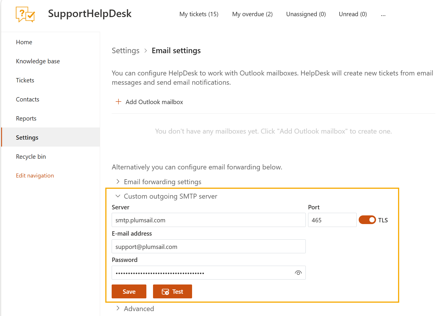 Expanded Custom outgoing SMTP server section with Server, Port, TLS, e-mail address and password fields