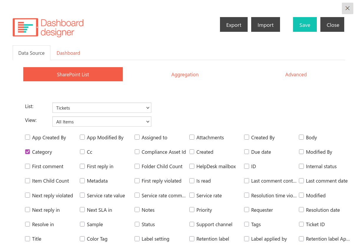 Dashboard Designer editor with chart configuration settings