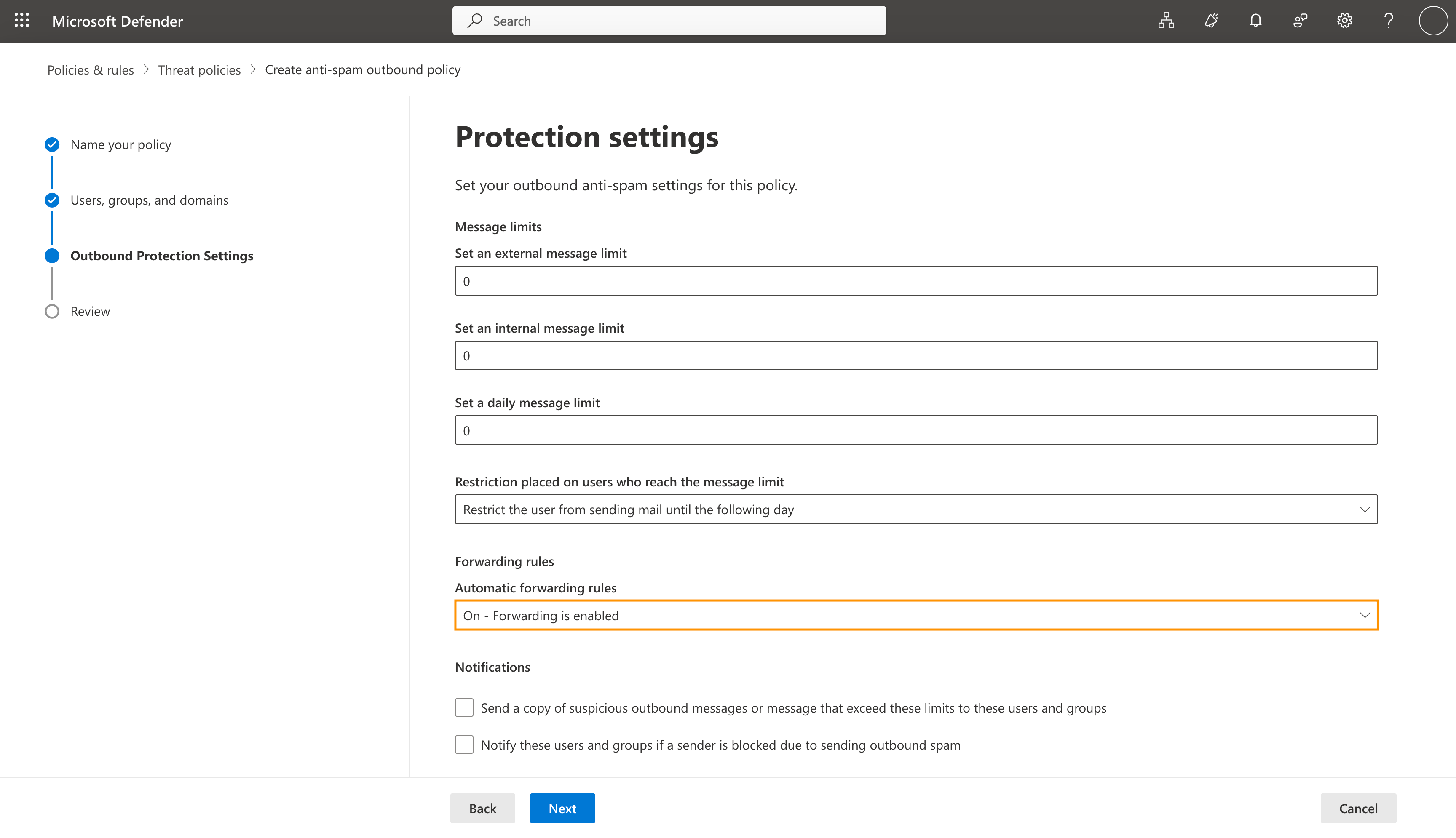 Automatic forwarding rules settings with forwarding enabled in the outbound spam policy