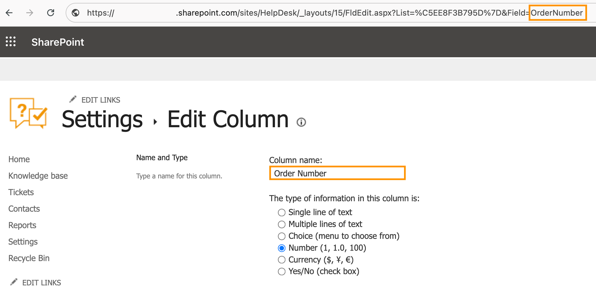 Edit Column page showing the internal name of the custom column in the URL