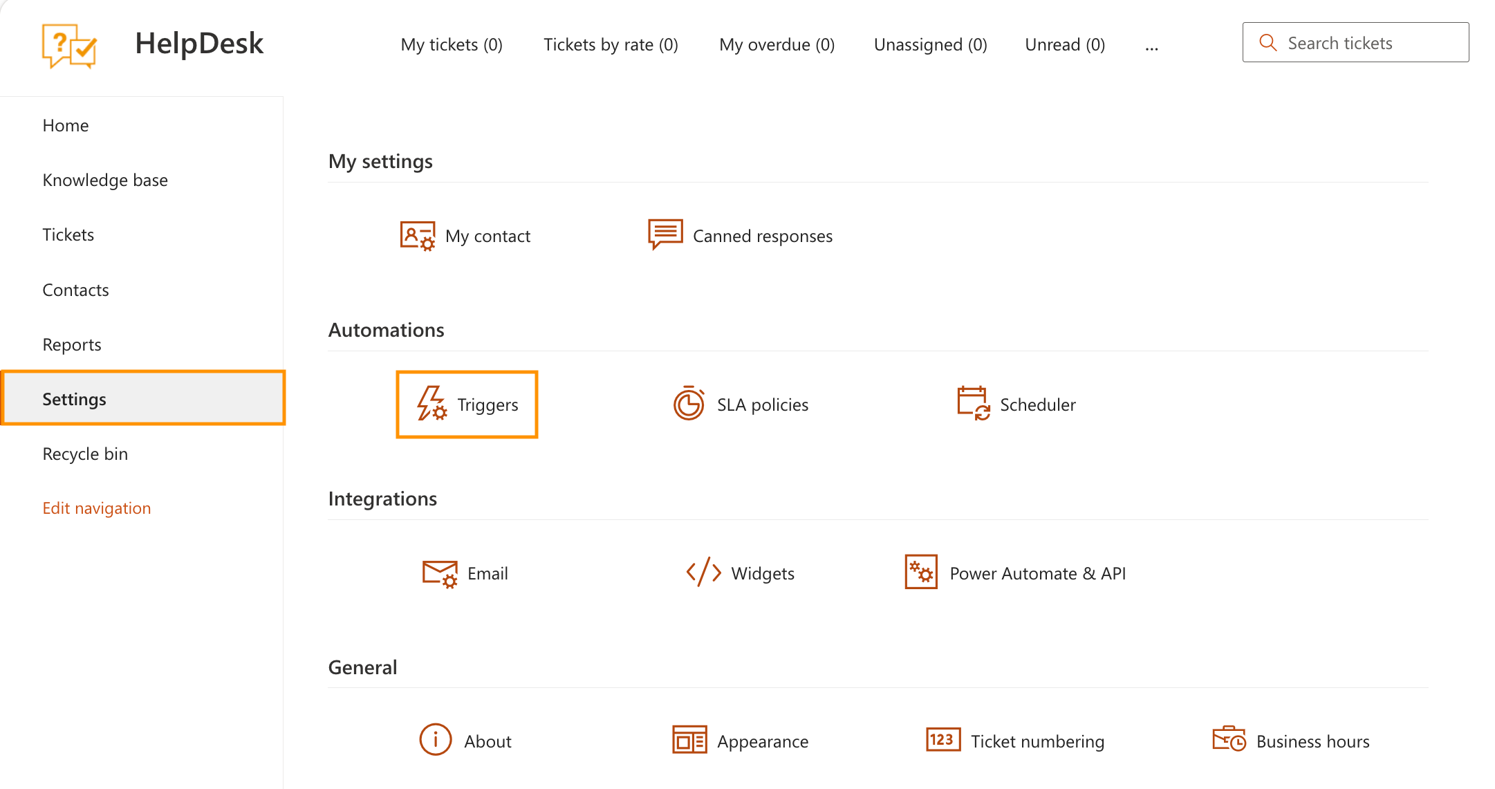 Left navigation bar settings icon for HelpDesk triggers