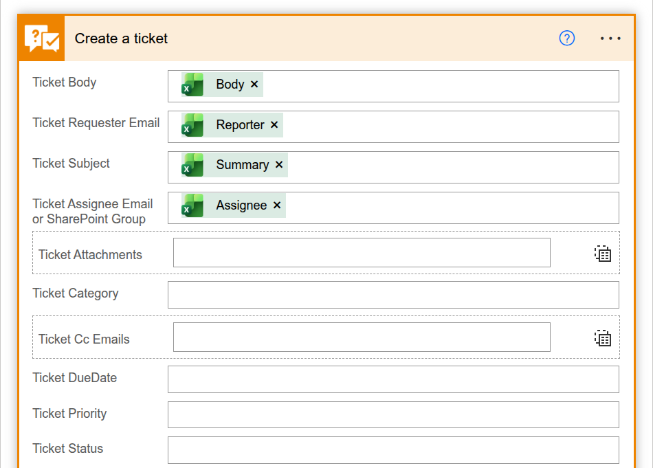 Create a ticket action with Excel columns mapped to HelpDesk ticket fields.