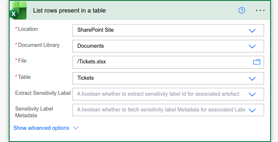 List rows present in a table action configured to read data from an Excel table.