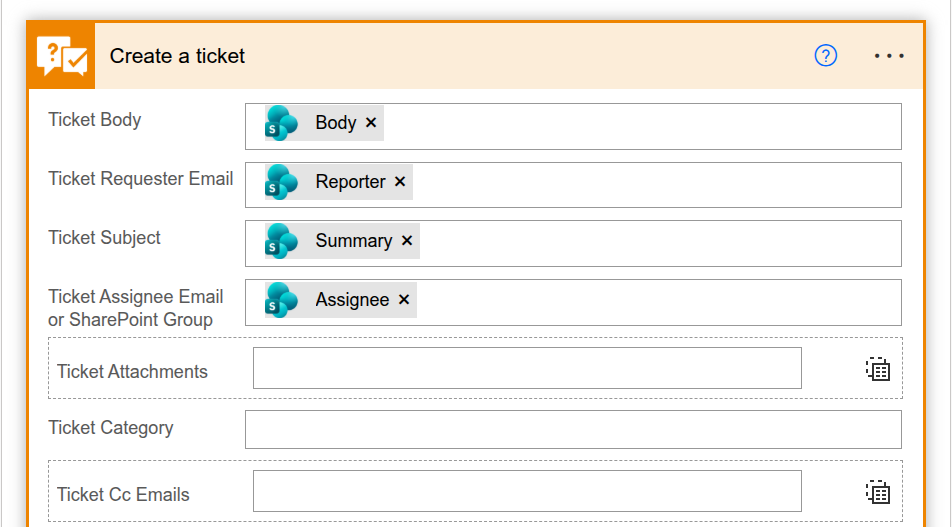 Create a ticket action with SharePoint columns mapped to HelpDesk ticket fields.