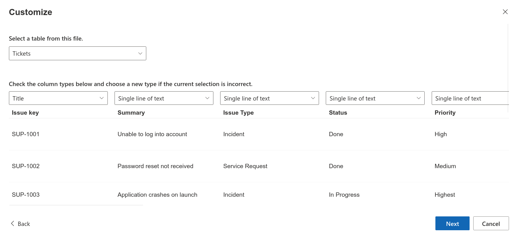 SharePoint list creation wizard with an Excel workbook selected for import.