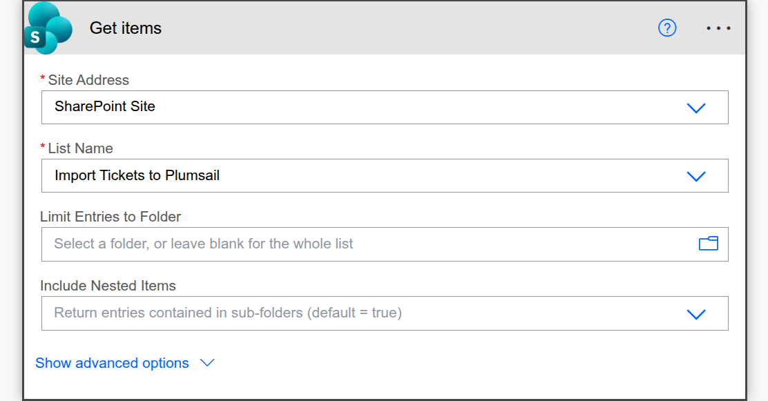 Get items action configured to retrieve items from a SharePoint list.