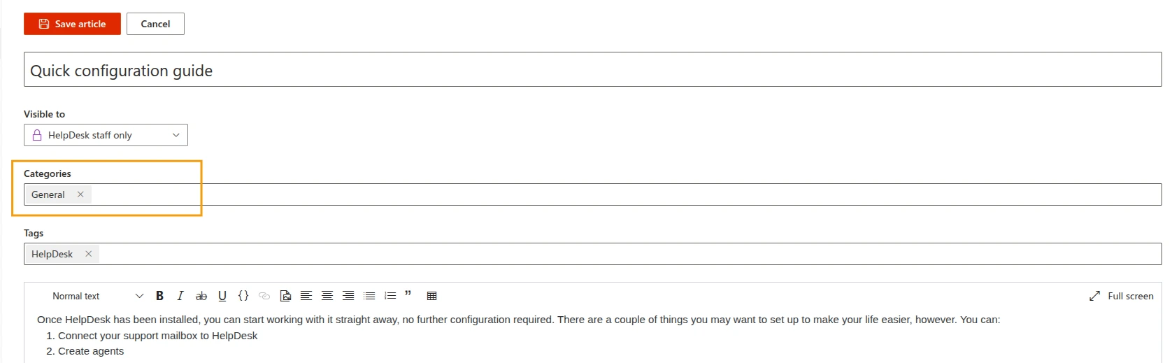 Knowledge base assign article to category
