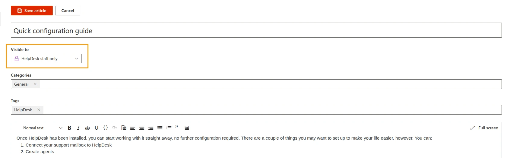 Knowledge base add visibility to article