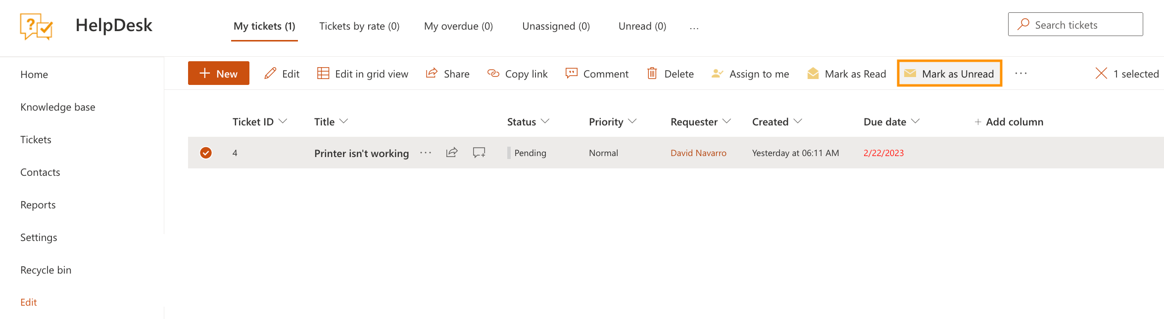 Mark as Unread button for changing a ticket status back to unread