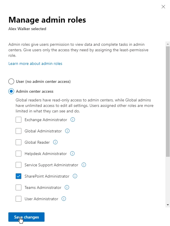 Grant SharePoint Administrator permissions to the user