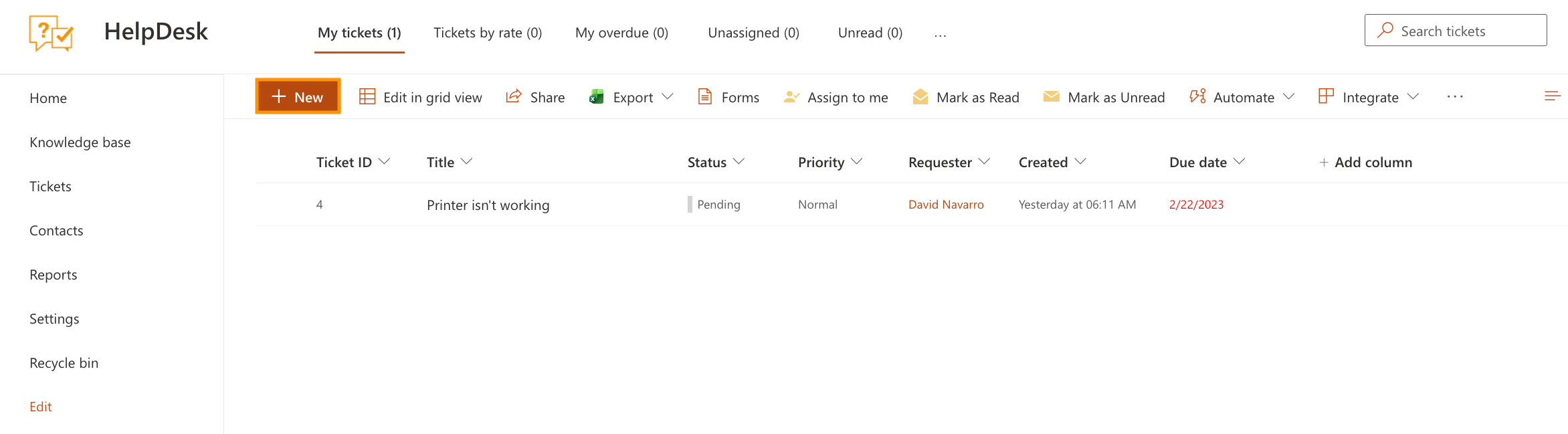 New button in the HelpDesk navigation bar for creating a ticket
